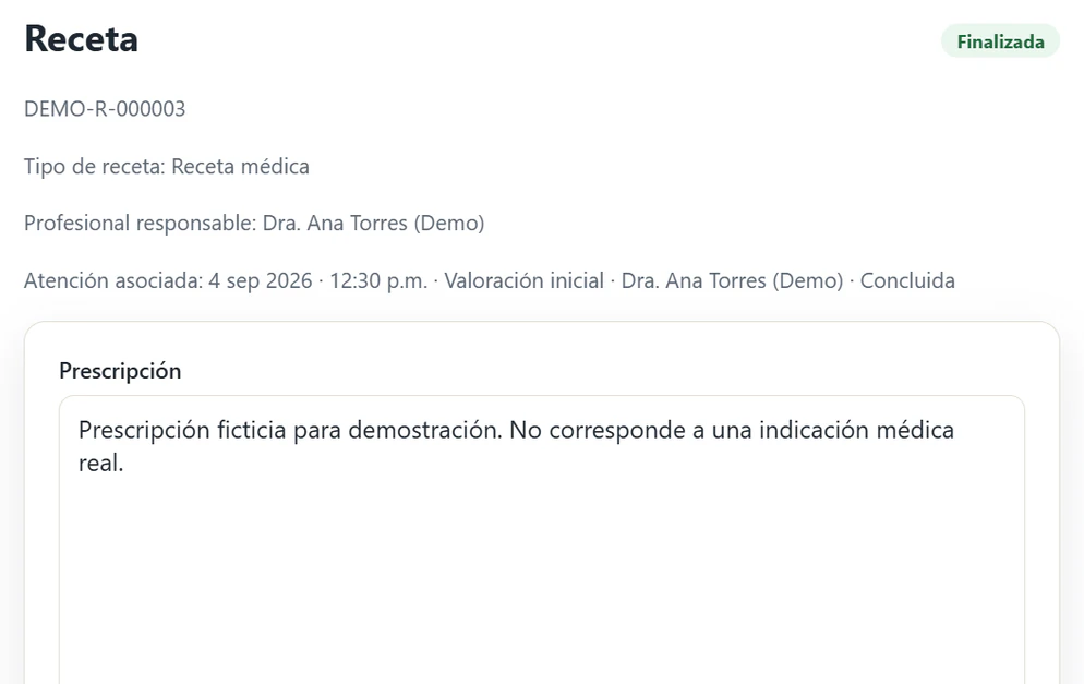 Receta de demostración marcada como finalizada, con su folio, el tipo de receta, el profesional responsable, la atención asociada y el campo de prescripción.