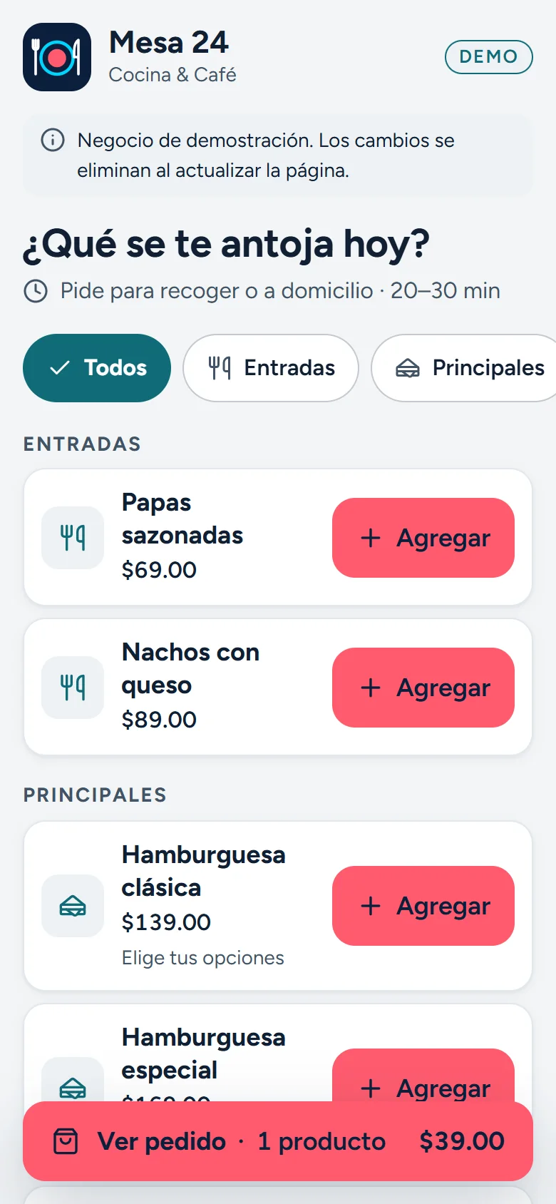Tienda en línea de Mesa 24 en un teléfono, con el menú y el botón para ver el pedido.