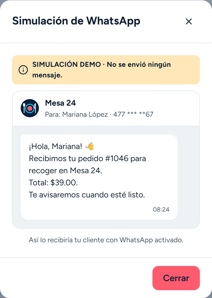Vista previa de un mensaje de confirmación de pedido, marcada como simulación de la demostración.
